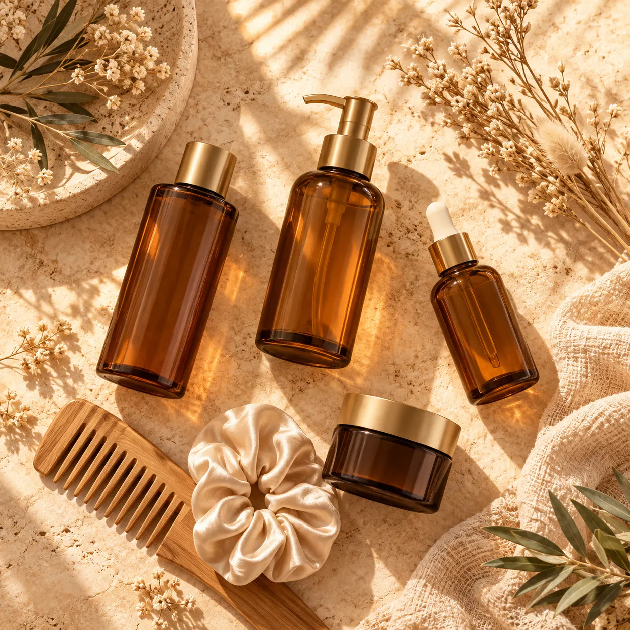 Hair care products on a travertine surface